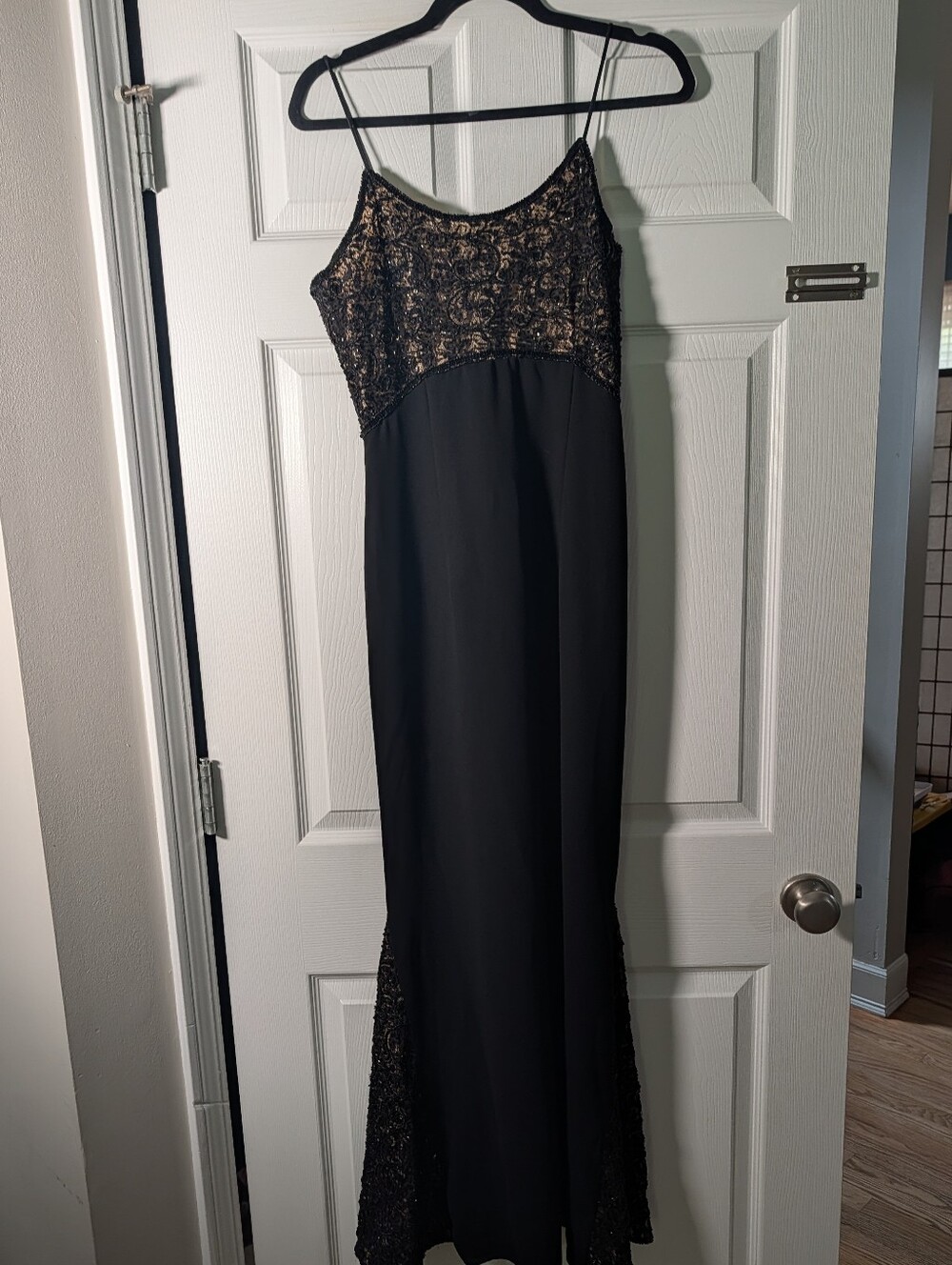 Vintage Laurence Kazar Black Beaded Lace Evening Gown Size m Formal Maxi Dress